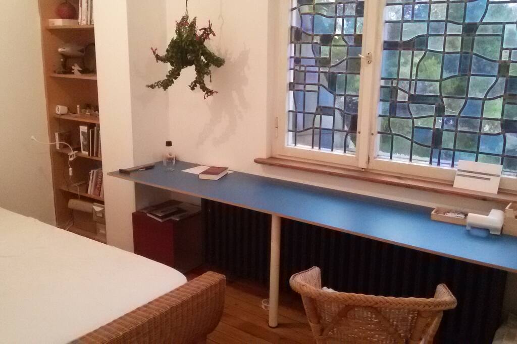 bed, table, window, chair
