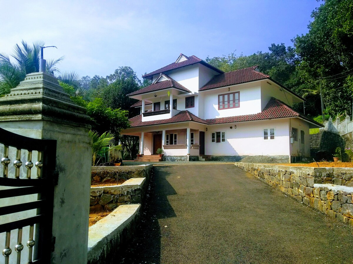 The image showcases a spacious two-story house with a unique roofline, set within a natural environment. A well-maintained driveway leads to the entrance, framed by greenery and a stone wall. Large windows reflect the sunlight, contributing to a bright and open appearance.