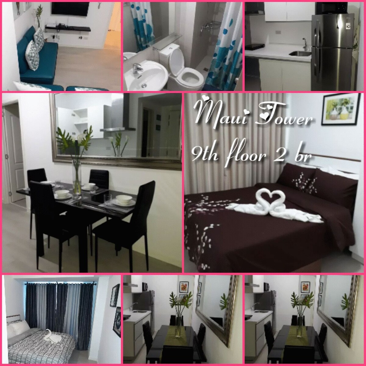 The image showcases a two-bedroom unit on the ninth floor, featuring a dining area with a glass table set for four. A cozy living space is complemented by a dark-colored bed adorned with towel art. Bright decor and functional furnishings are evident throughout the apartment.