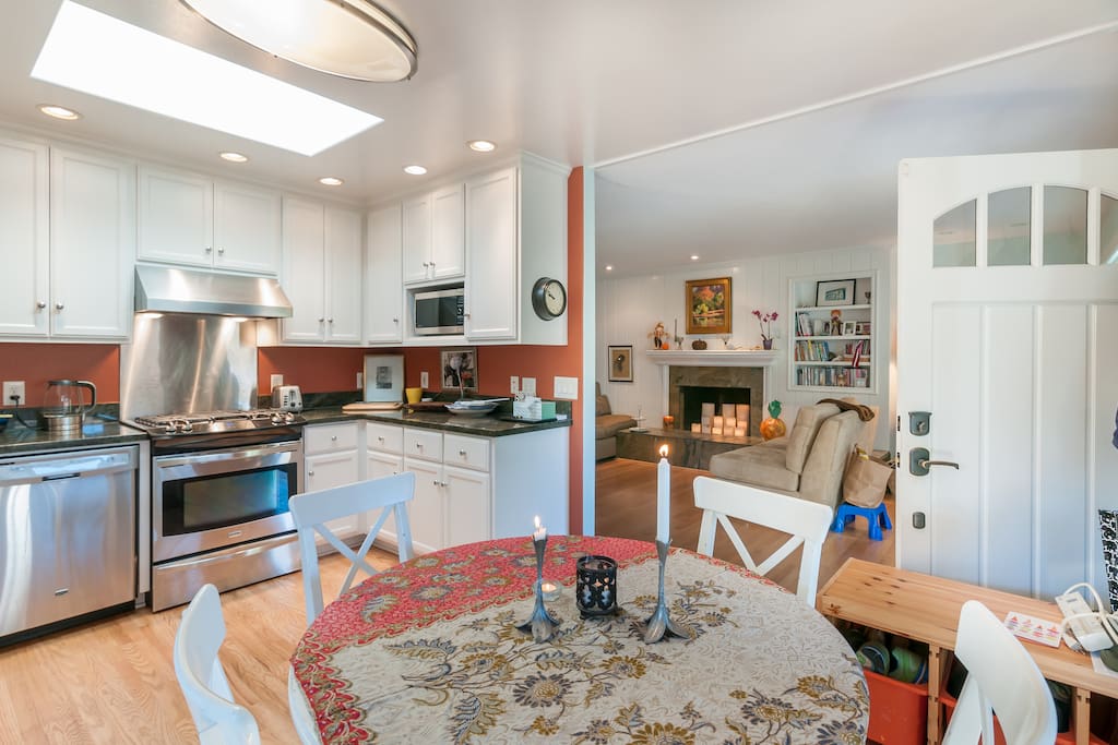 The kitchen is connected to the living space.