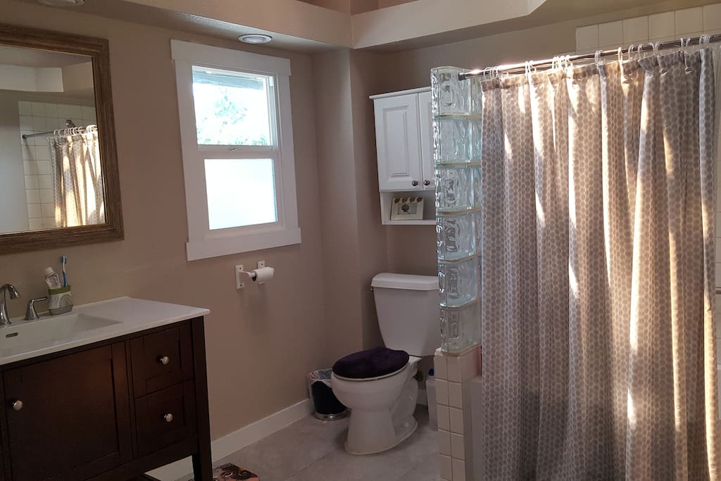 Large, recently remodeled bathroom.