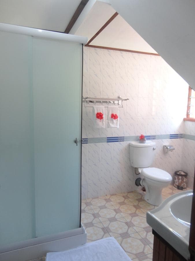 A light-filled bathroom features a glass shower enclosure and a toilet. Decorative towels, adorned with floral motifs, hang on a rack. A small waste bin is positioned near the floor, and a countertop with a sink is present, contributing to the space's practicality.
