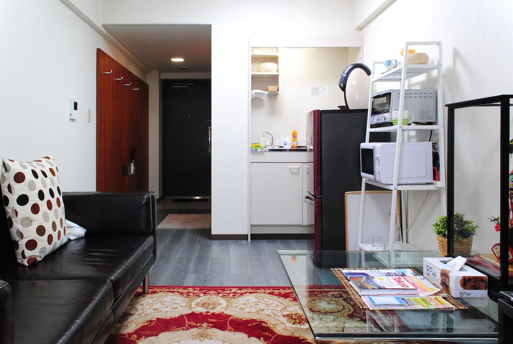 Fully equipped kitchenette and comfy sofa.