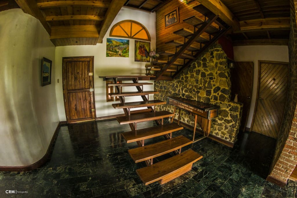 the inside of the house is made of wood and stone