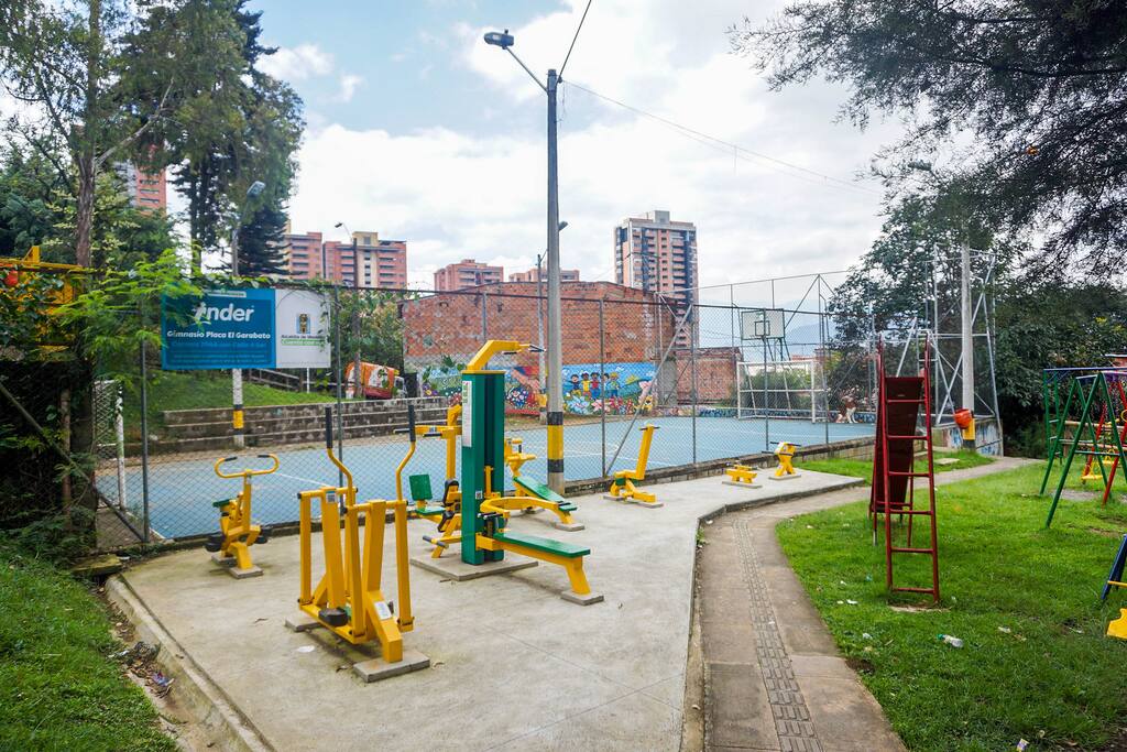 Workout zone with soccer and basketball court. Outdoor exercise park.