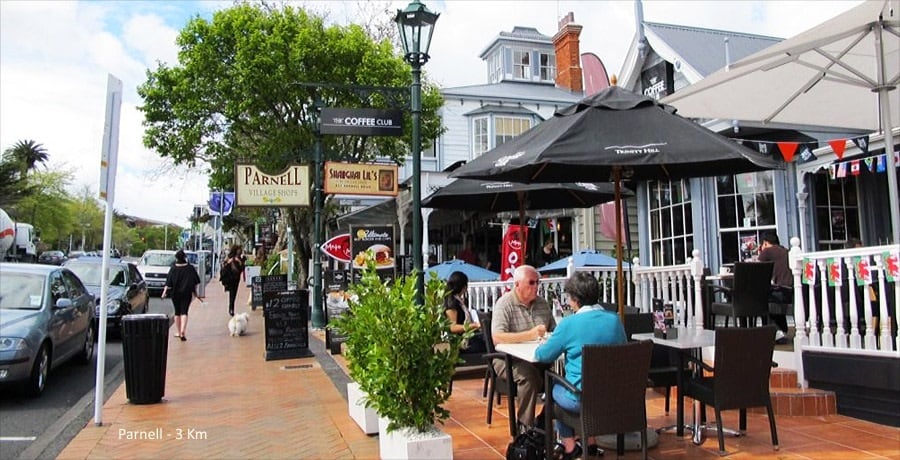 A vibrant street scene displays outdoor dining areas with black umbrellas shading patrons seated at dark tables. Colorful storefronts and a well-maintained sidewalk are visible, while pedestrians stroll along the street. Trees and street lamps are positioned throughout the lively atmosphere.