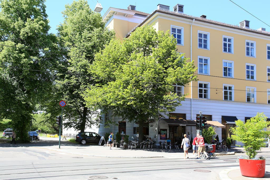 Cafés, pharmacy, wineshop, grocery nearby