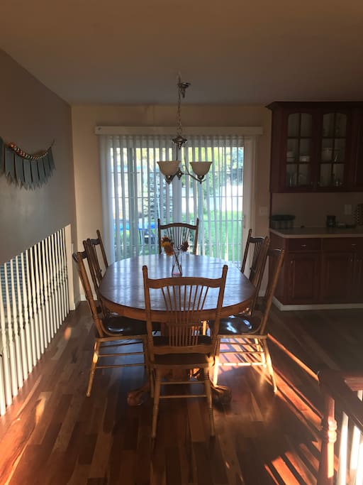 Table can seat 6 normally or up to 16 with all chairs and extensions