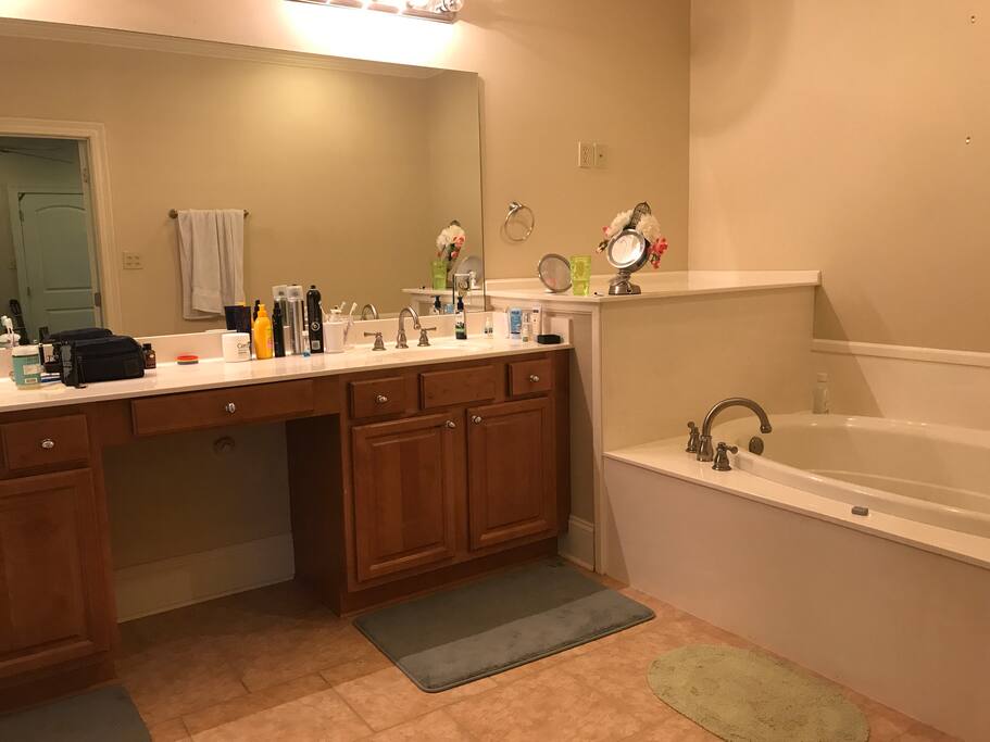 Large master bathroom with jacuzzi tub and double vanity