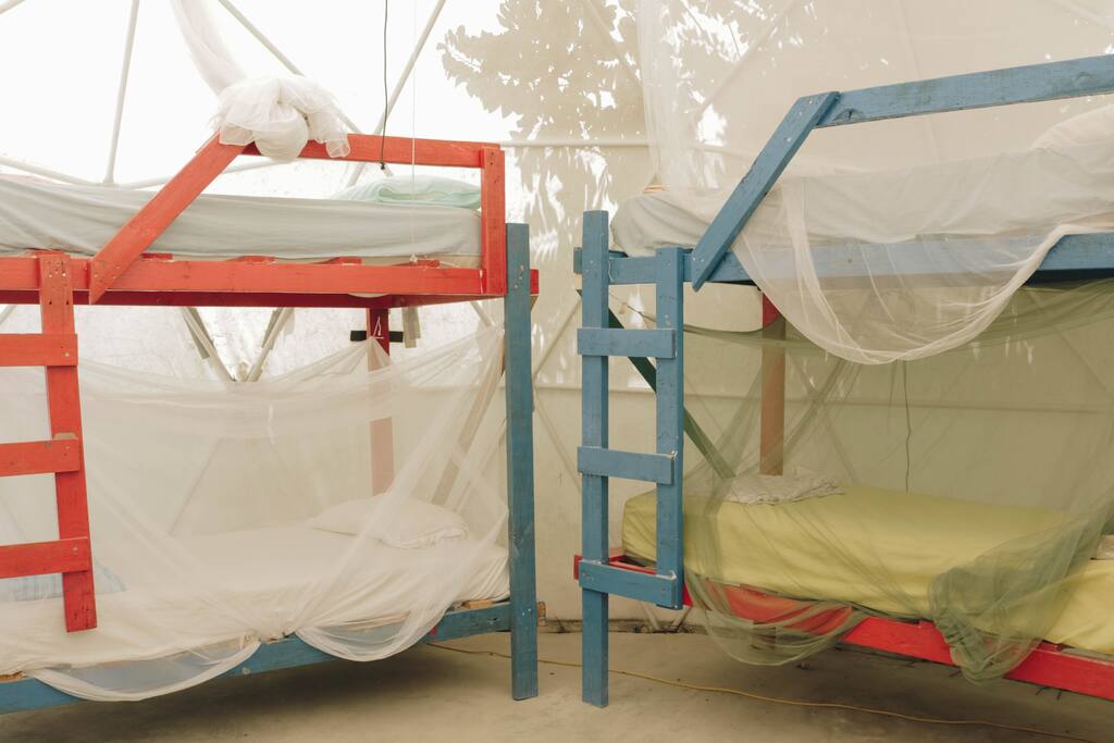 Each bed comes with a mosquito net.