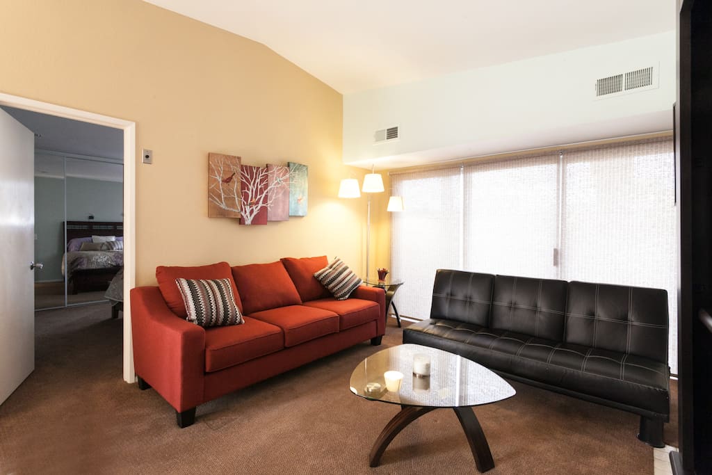 Relax in the spacious living room. Black sofa folds open for a friend to stay.