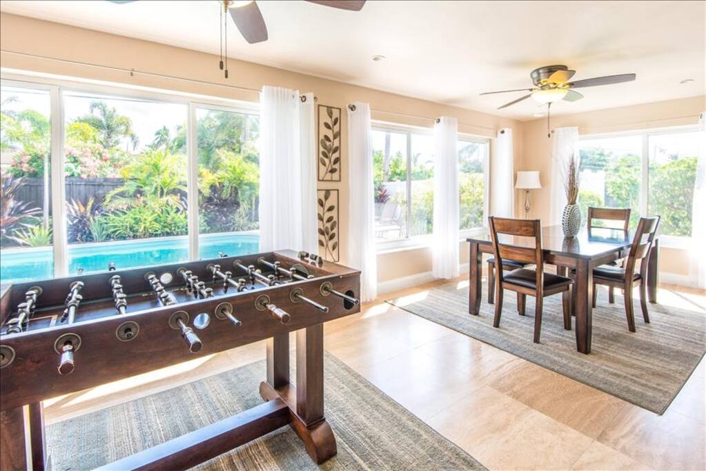 The pool can be seen throughout the living area.