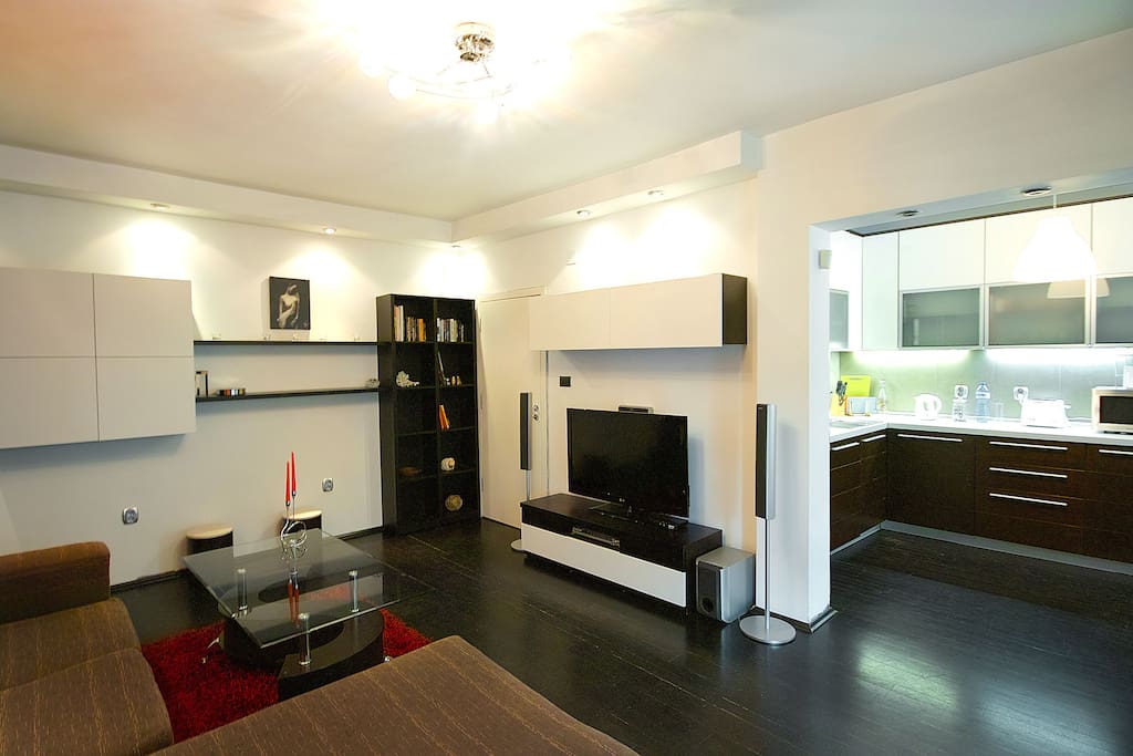 Living room and open space kitchen
