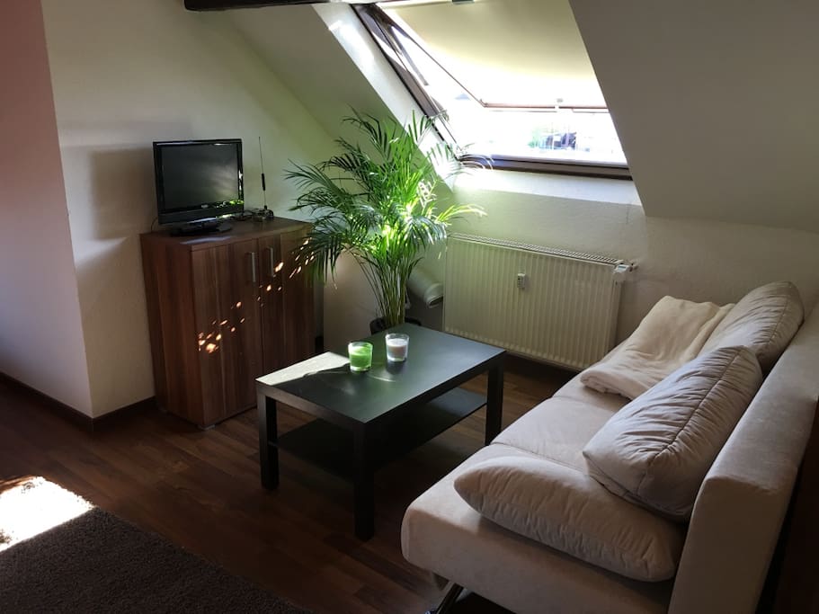 Wohnbereich mit Ausklappcouch und Fernseher