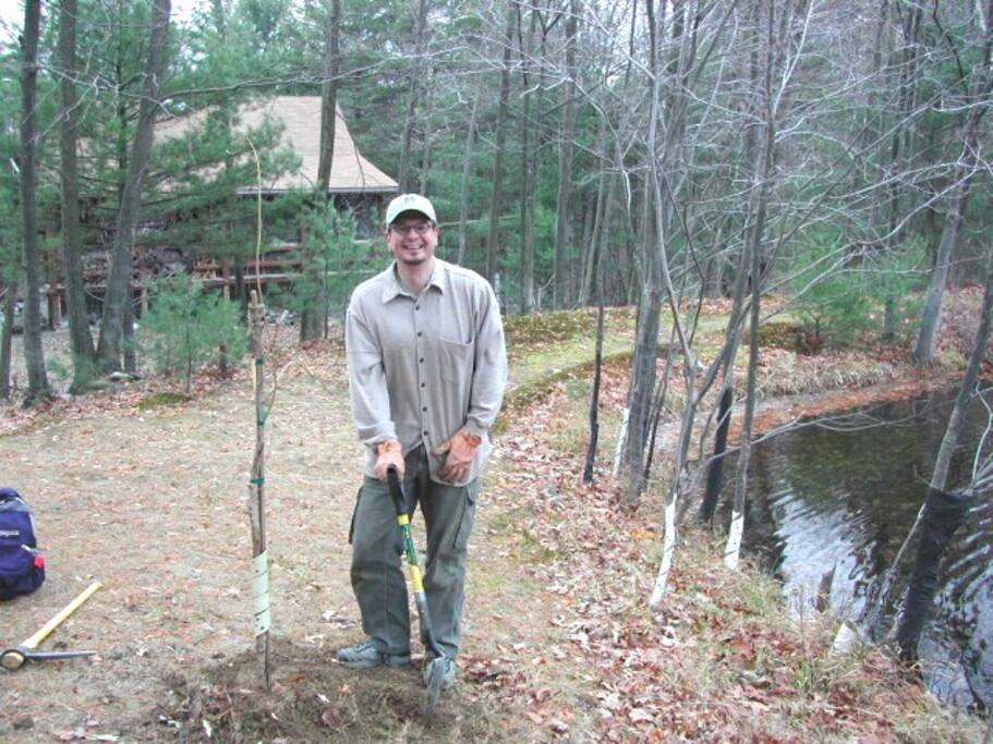 Log cabin in the background