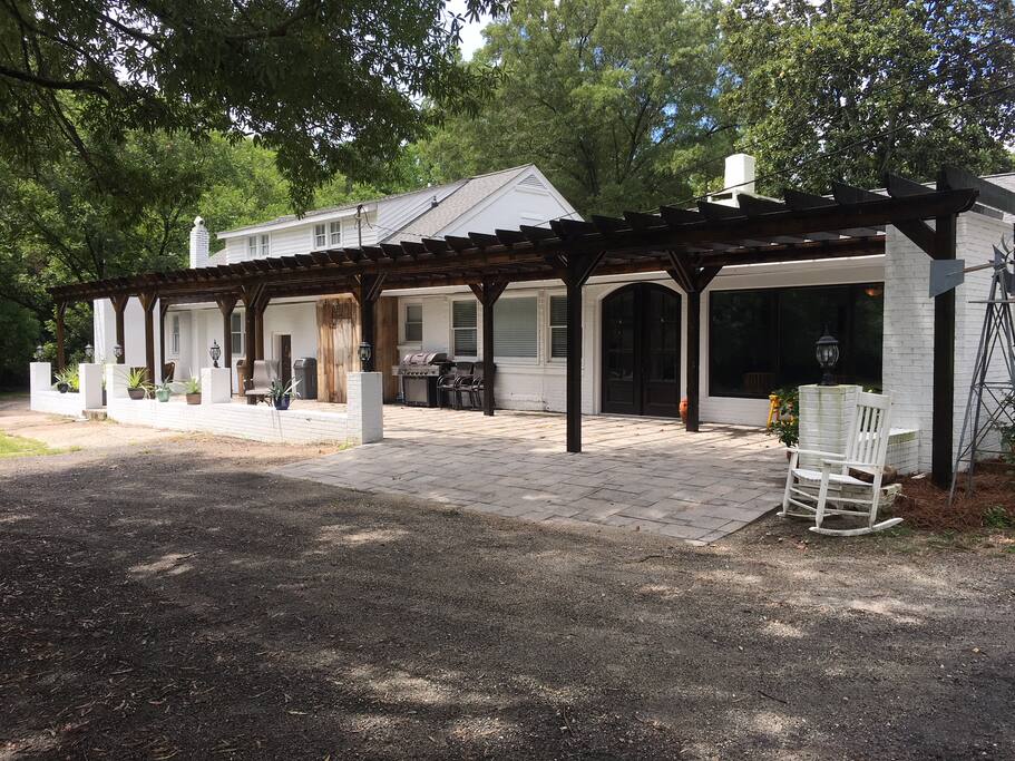 Newly renovated back patio- June 2018. Entry into large rec room from back door.