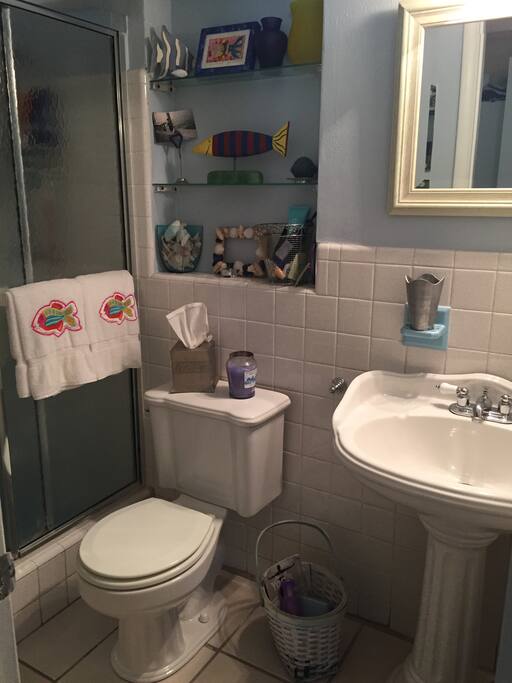 Private bathroom with large shower.