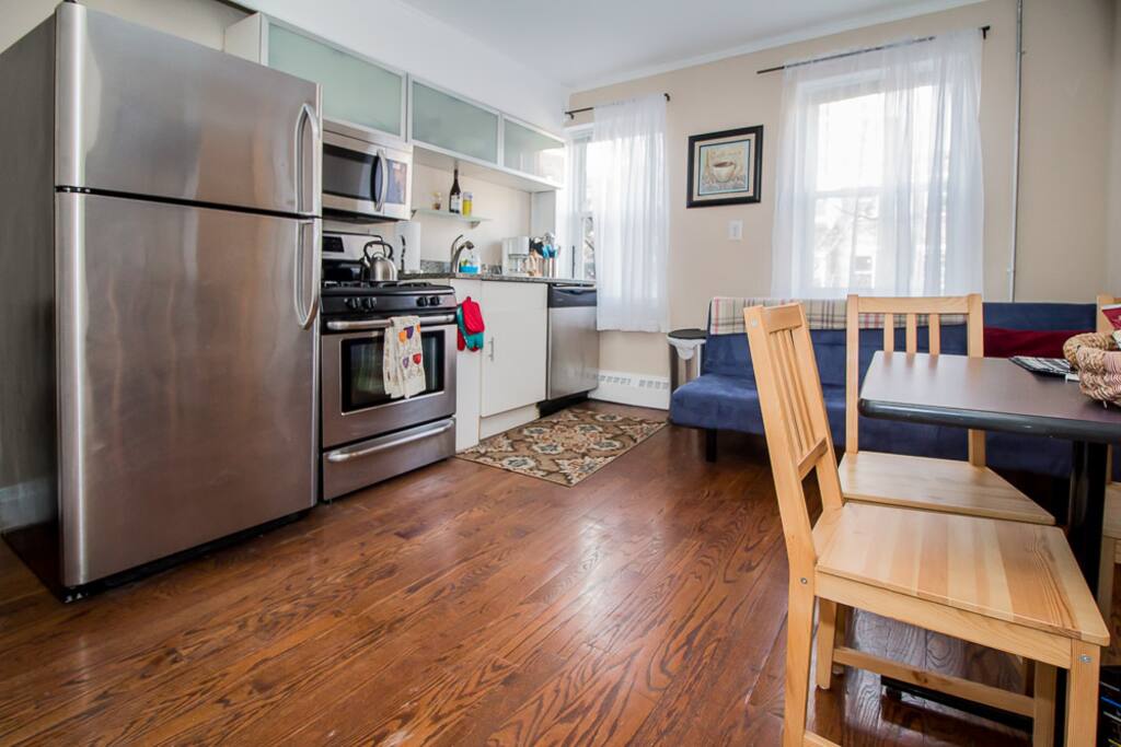 fridge, gas stove, dishwasher and microwave