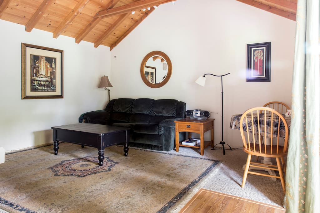 large living room with vaulted ceiling