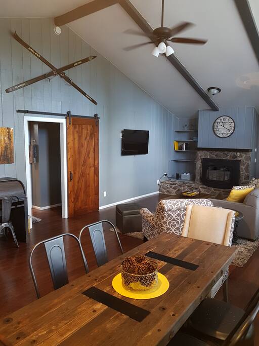 Harvest wood table with seating for six