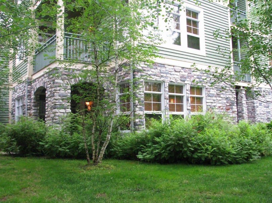 View of backyard to condo at ground level.