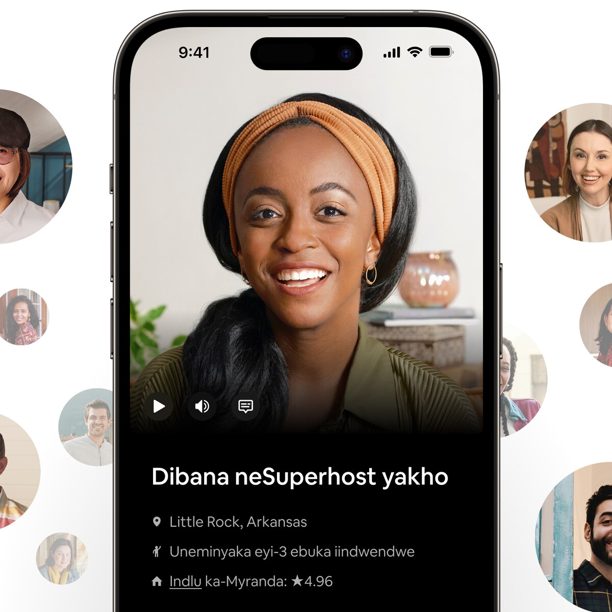 ISuperhost encumileyo kwiapp yakwa-Airbnb. Umyalezo usichazela ukuba igama lakhe nguMyranda, uneminyaka emithathu ebuka iindwendwe eLittle Rock, ibe umlinganiselo wakhe ka-Airbnb zinkwenkwezi eziyi-4.96 kweziyi-5.