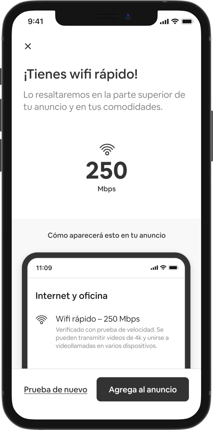 Un celular muestra una lista de servicios de un anuncio en Airbnb. En la parte superior de la lista, aparece el título "Internet y oficina", acompañado del texto "Wifi rápido: 250 Mbps. Verificado con prueba de velocidad. Puedes transmitir videos en 4k y participar en videollamadas desde varios dispositivos".