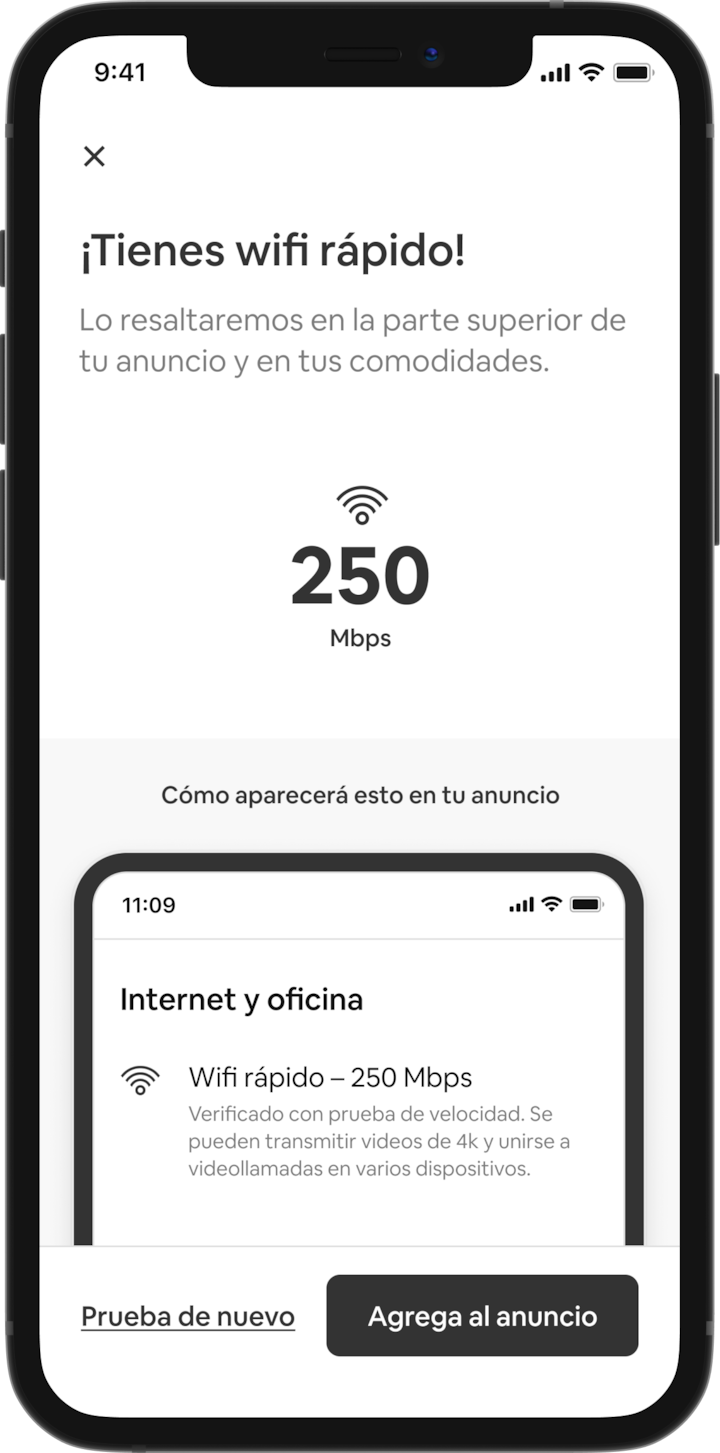 Un celular muestra una lista de comodidades de un alojamiento en Airbnb. En la parte superior de la publicación, aparece el título “Internet y oficina”, junto con el texto “Wifi rápido: 250 Mbps. Verificado con prueba de velocidad. Puedes transmitir videos en 4k y participar en videollamadas desde varios dispositivos”.