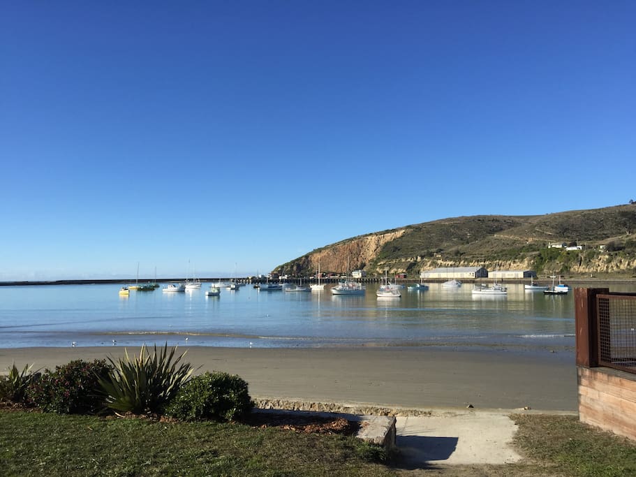 Friendly Bay & Oamaru Harbour. A two hundred meter walk from the apartment. The penguin colony is set into the hillside on the far side of the harbour.