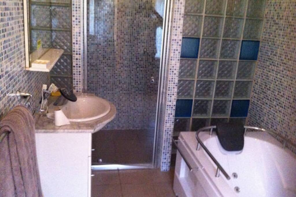 Salle de bain privée avec douche et baignoire