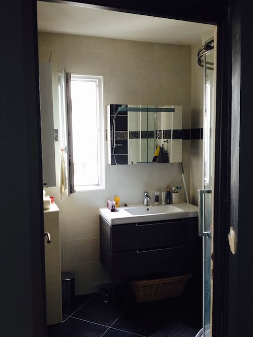 Salle de bain , grande douche , toilette , lave linge .