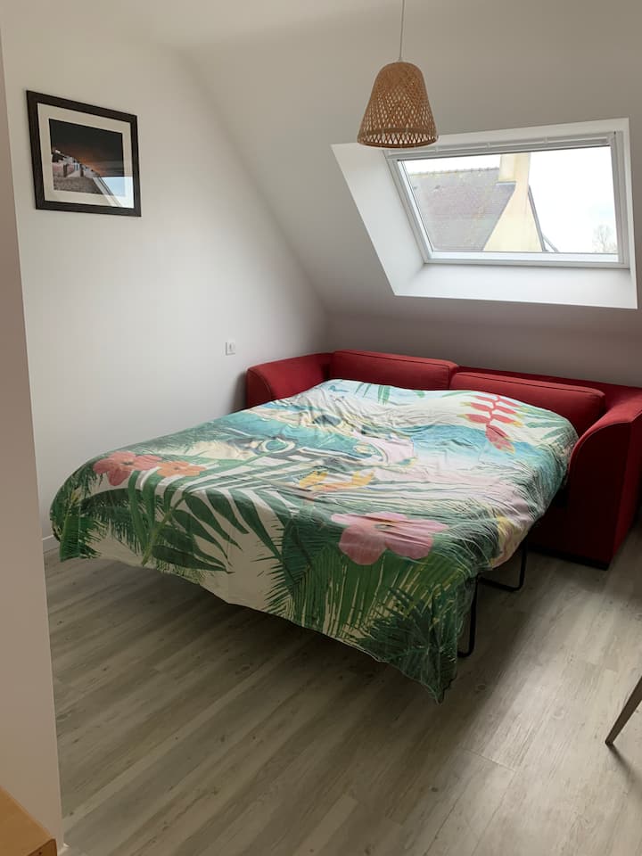 Ზემოდან საძინებელი. Გასაშლელი დივანი ნამდვილი მატრასით 160* 200-ში.