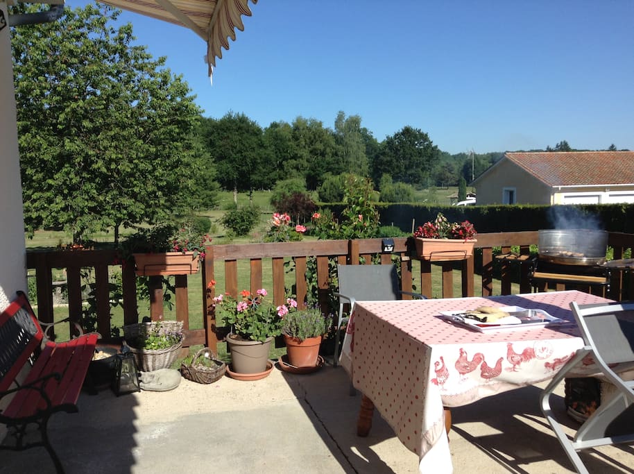 Sun terrace on front of house looks out to an acre of our garden