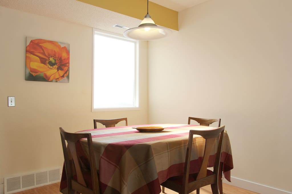 The dining room is bright and cheerful.