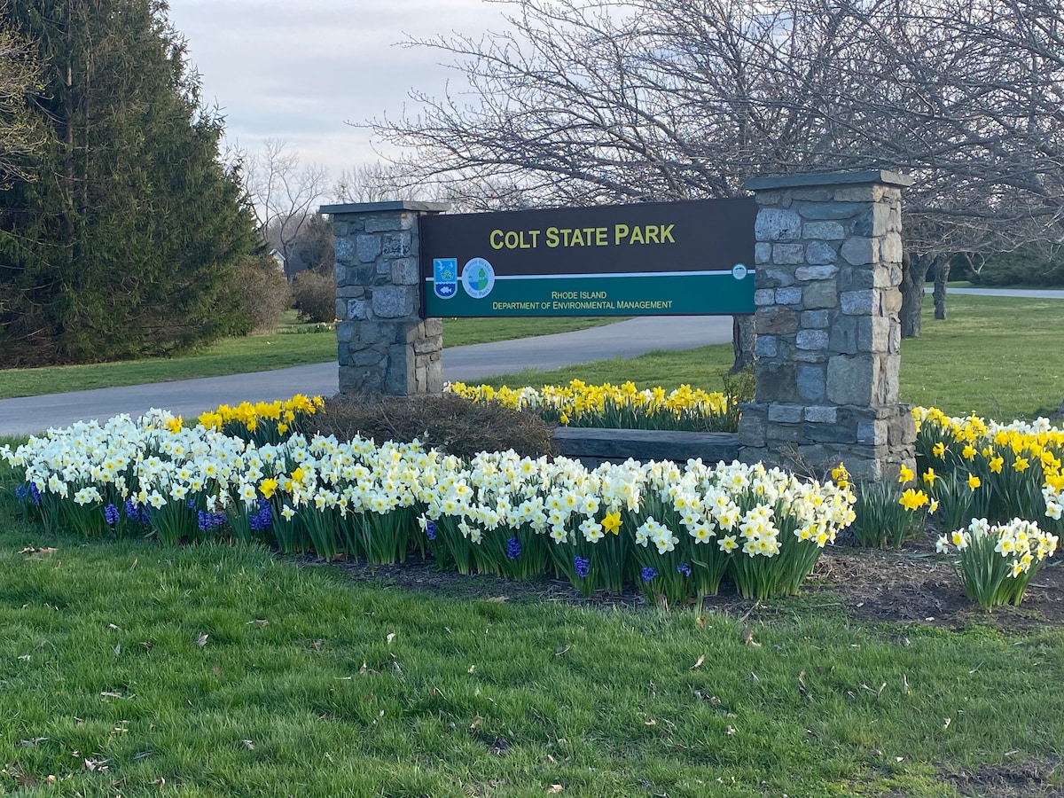 A stone marker for Colt State Park is framed by a vibrant flower bed featuring blooming daffodils in white and yellow, along with clusters of purple flowers. The green lawns extend into the distance, creating a serene outdoor setting.