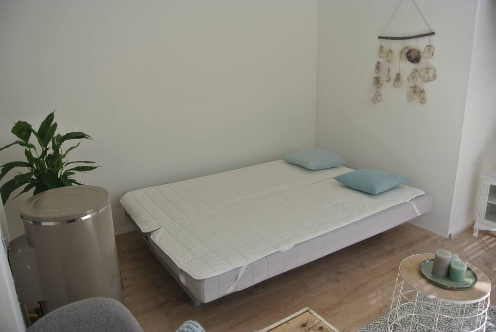 living area, sofa bed is set up as a bed