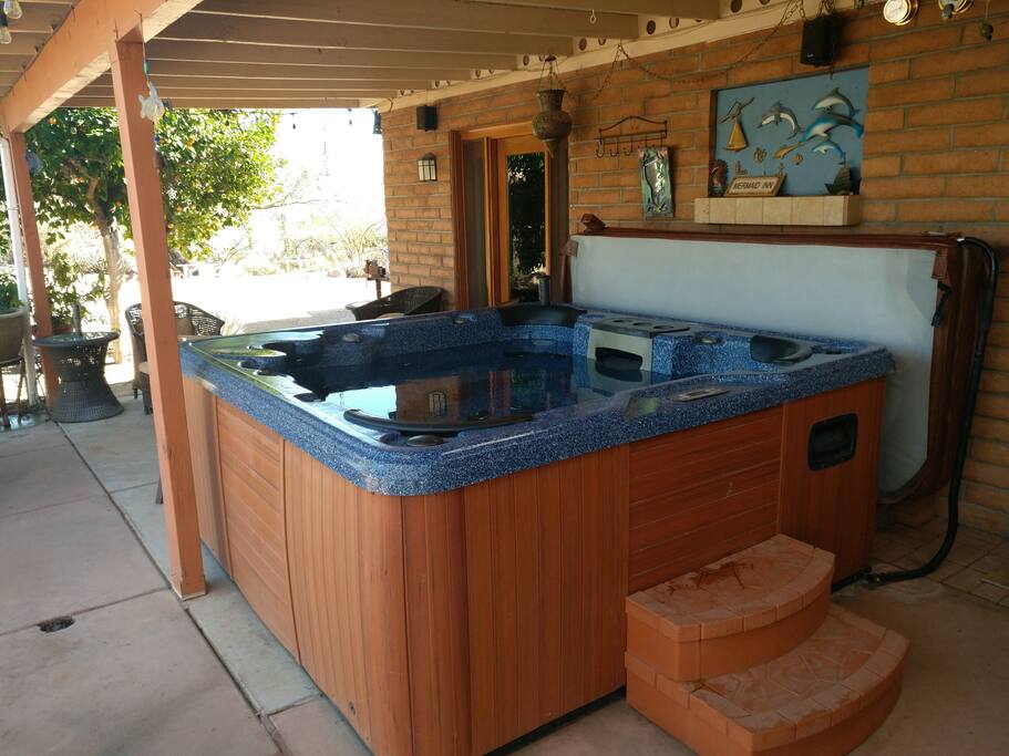 Hot tub in private backyard