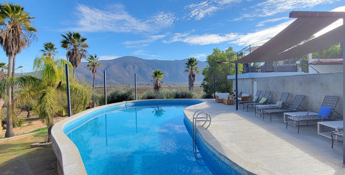 A refreshing outdoor pool is surrounded by palm trees and offers views of the mountains in the distance. Comfortable lounge chairs line the pool area, complemented by shaded seating under an awning, creating an inviting space for relaxation amidst a serene landscape.