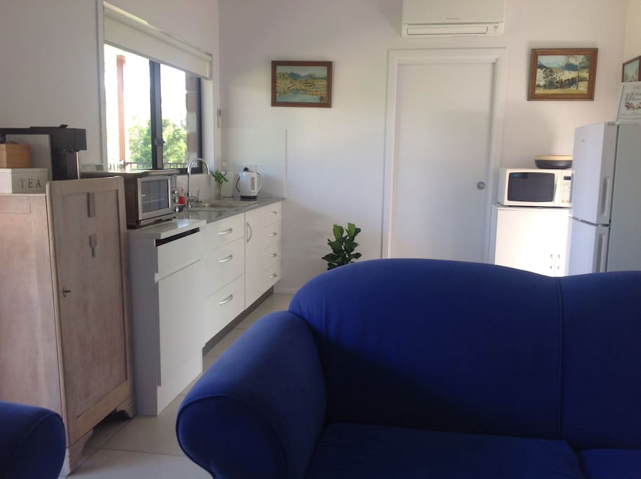 Small kitchen with full size fridge, microwave, small oven, induction cooktop, coffee machine