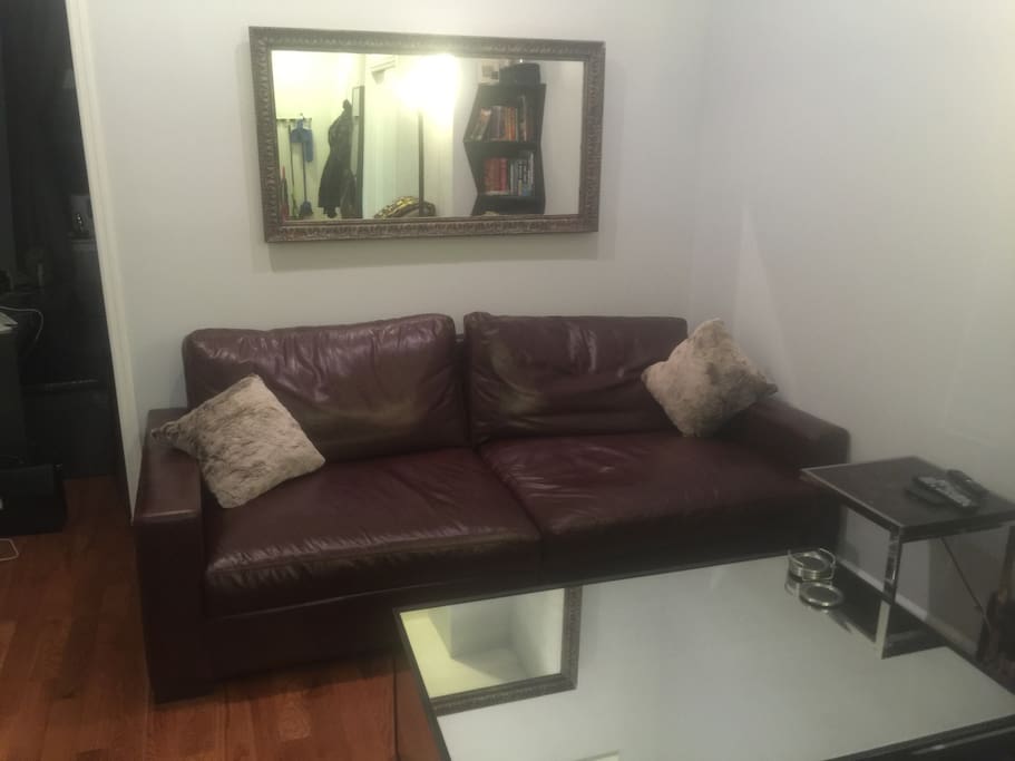 Beautiful leather couch with Chinchilla throws