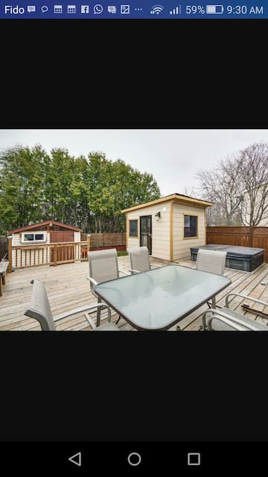 Deck and 3 season gazebo with fireplace