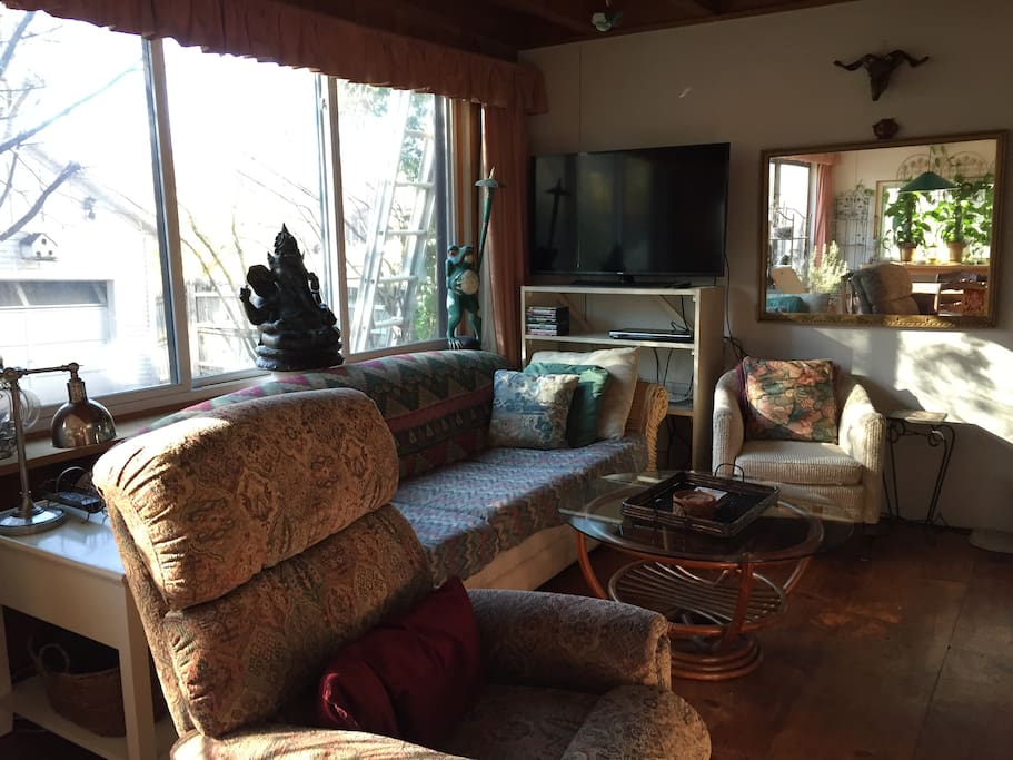 Living room-flat screen, recliner, super comfortable, a lot of natural light and a view of the backyard, private.