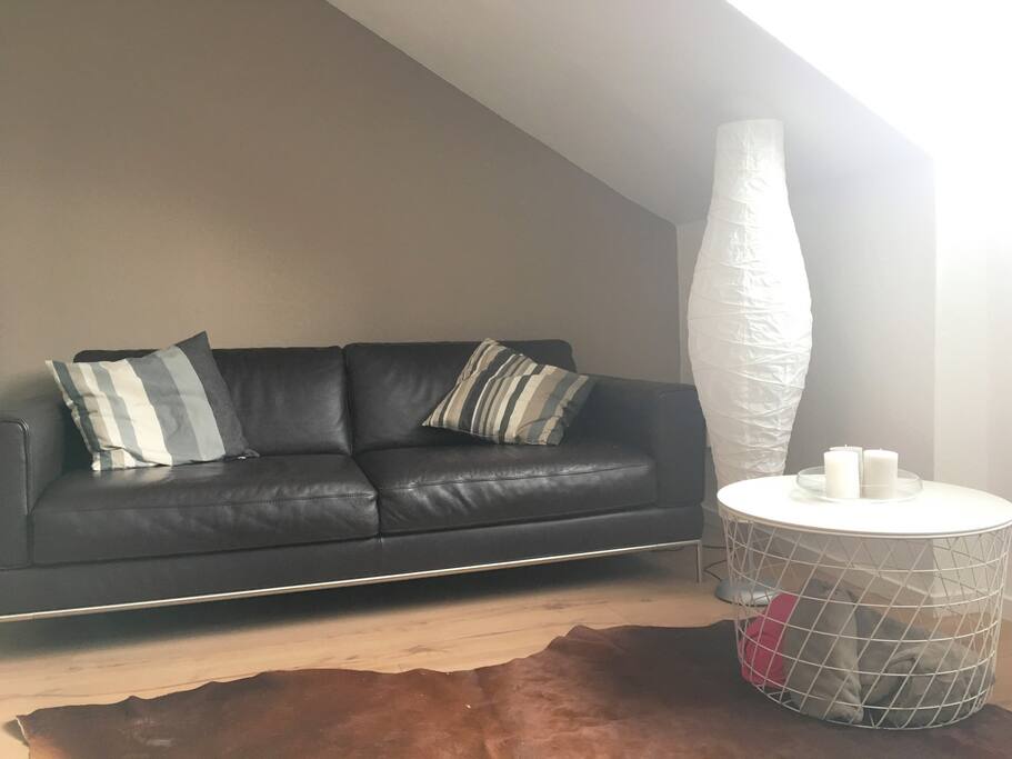 The cozy couch is perfect for a quiet moment after a busy day in the city.