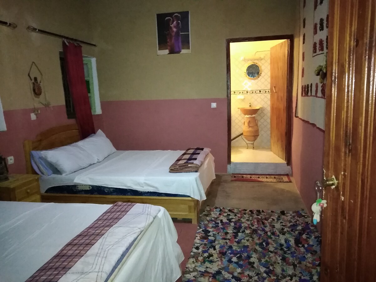 The guest room features two wooden beds with neatly arranged bedding. A colorful area rug covers the floor, while light from an adjacent bathroom illuminates the space. Decorative wall art adds character, and a door leads to the bathroom area visible in the background.