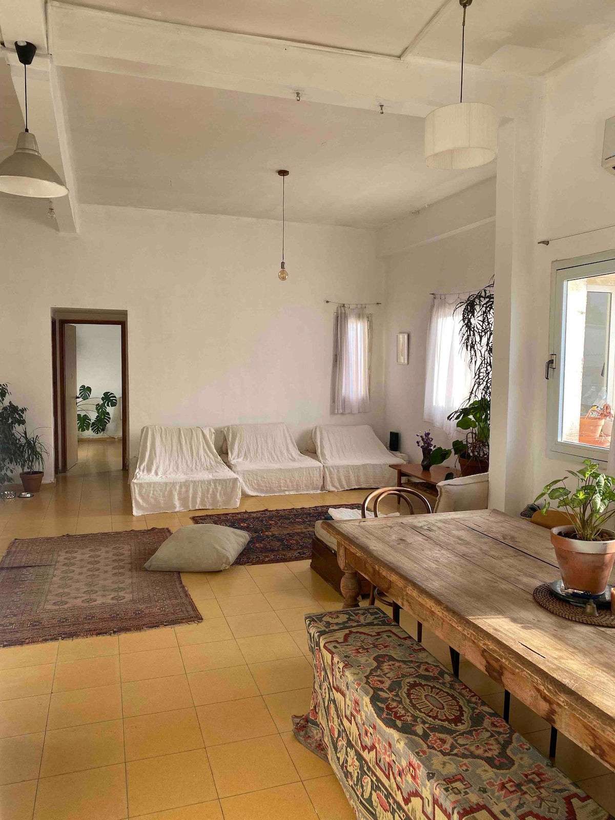 A spacious living area features a simple design with white-washed walls and an abundance of natural light. Comfortable white sofas are arranged against one wall, complemented by a rustic dining table with patterned seating. Potted plants add a touch of greenery, enhancing the inviting ambiance.