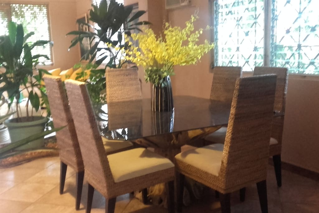 Dining room with tree trunk base