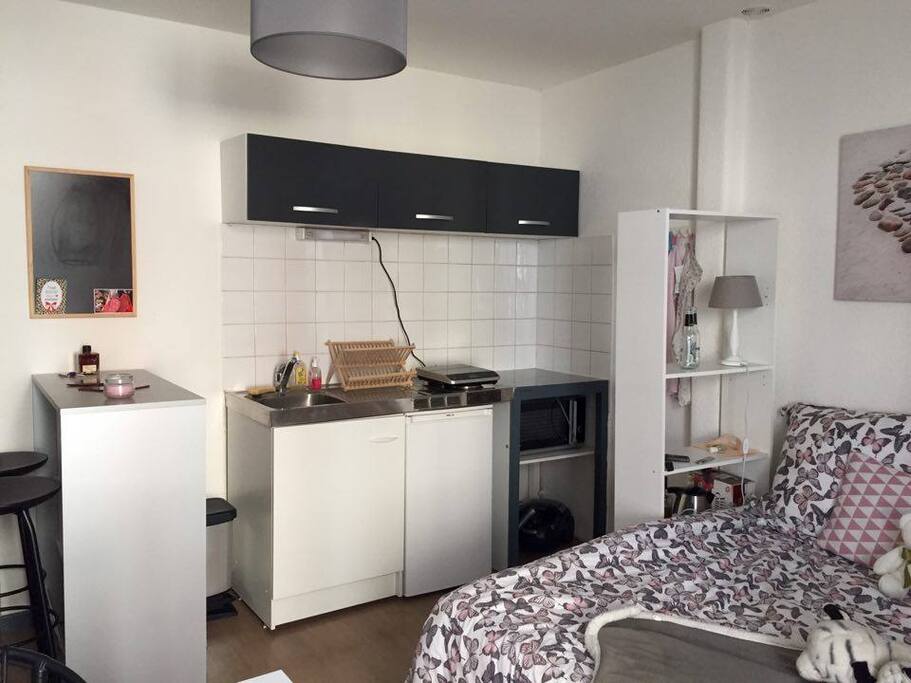Cuisine avec plaque induction, four micro-onde, réfrigérateur, théière.