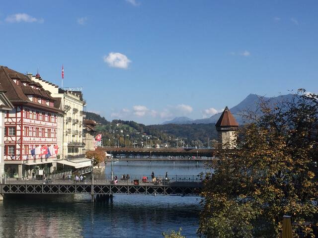 Lucerne old town with river sound & mountain view