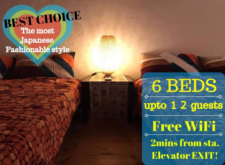 6beds,12guests can stay,free wifi,only 2mins walk from station