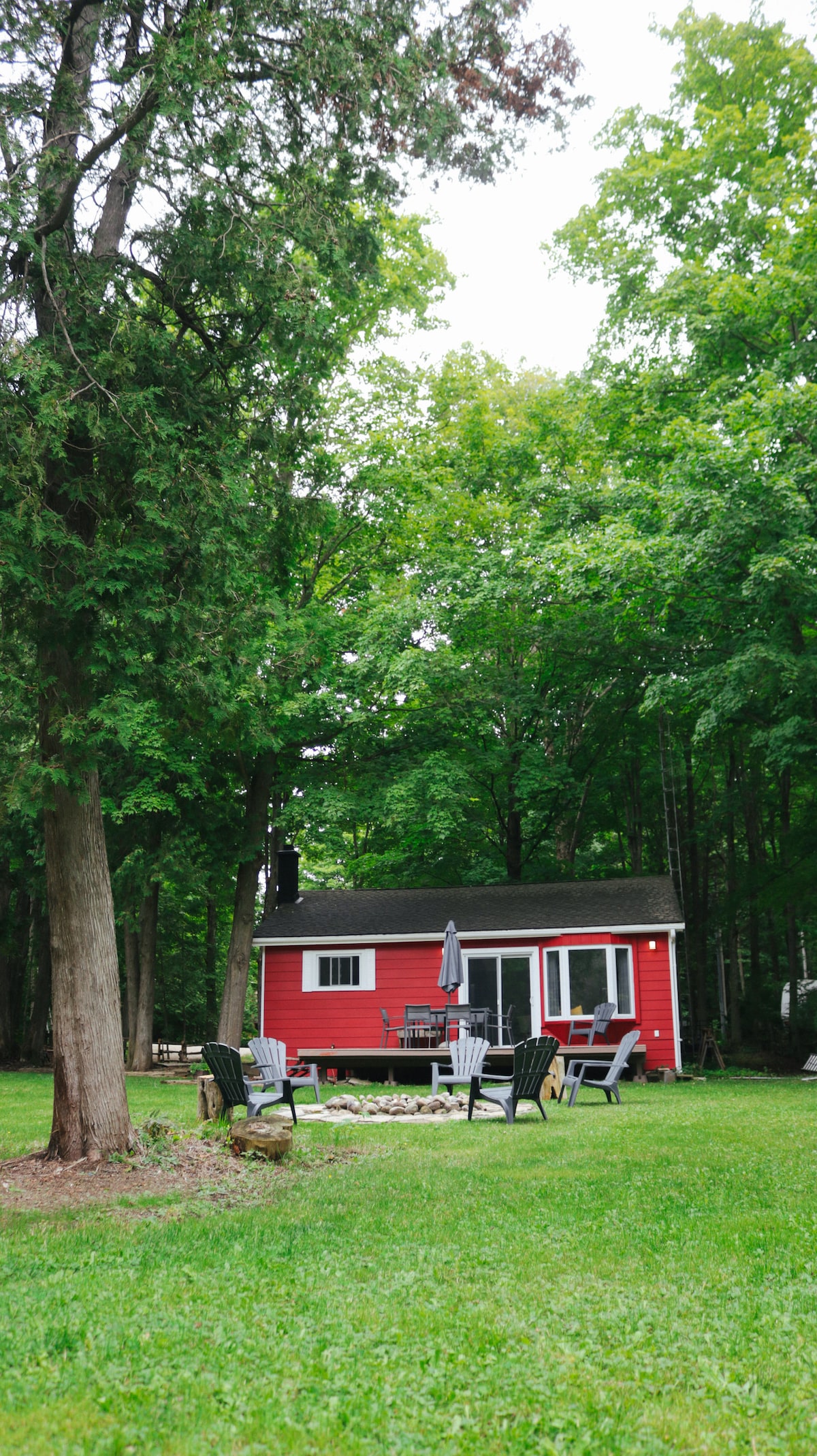 A red cabin is nestled among lush green trees, providing a peaceful retreat. An outdoor fire pit with seating arrangements made of black and green chairs is positioned on a grassy area, inviting relaxation amidst nature.